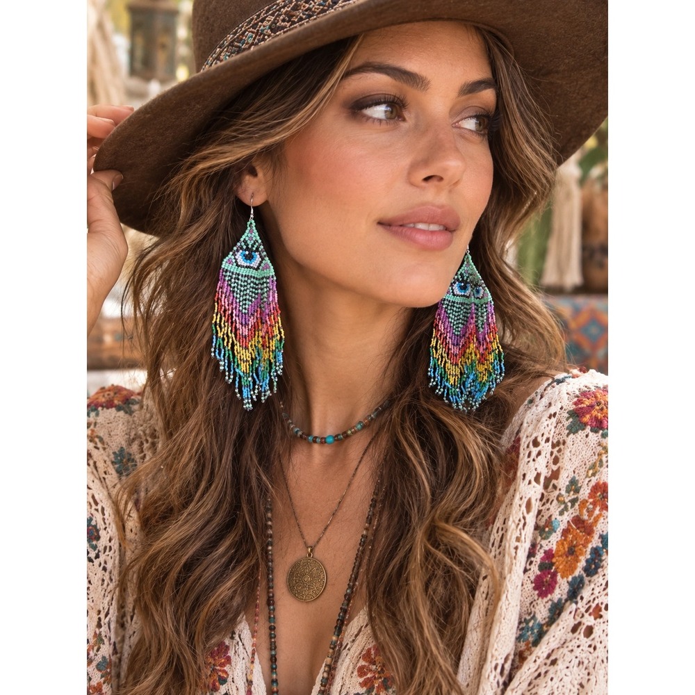 Handmade Rainbow Beaded Fringe Evil Eye Earrings Boho Shoulder Dusters Multi